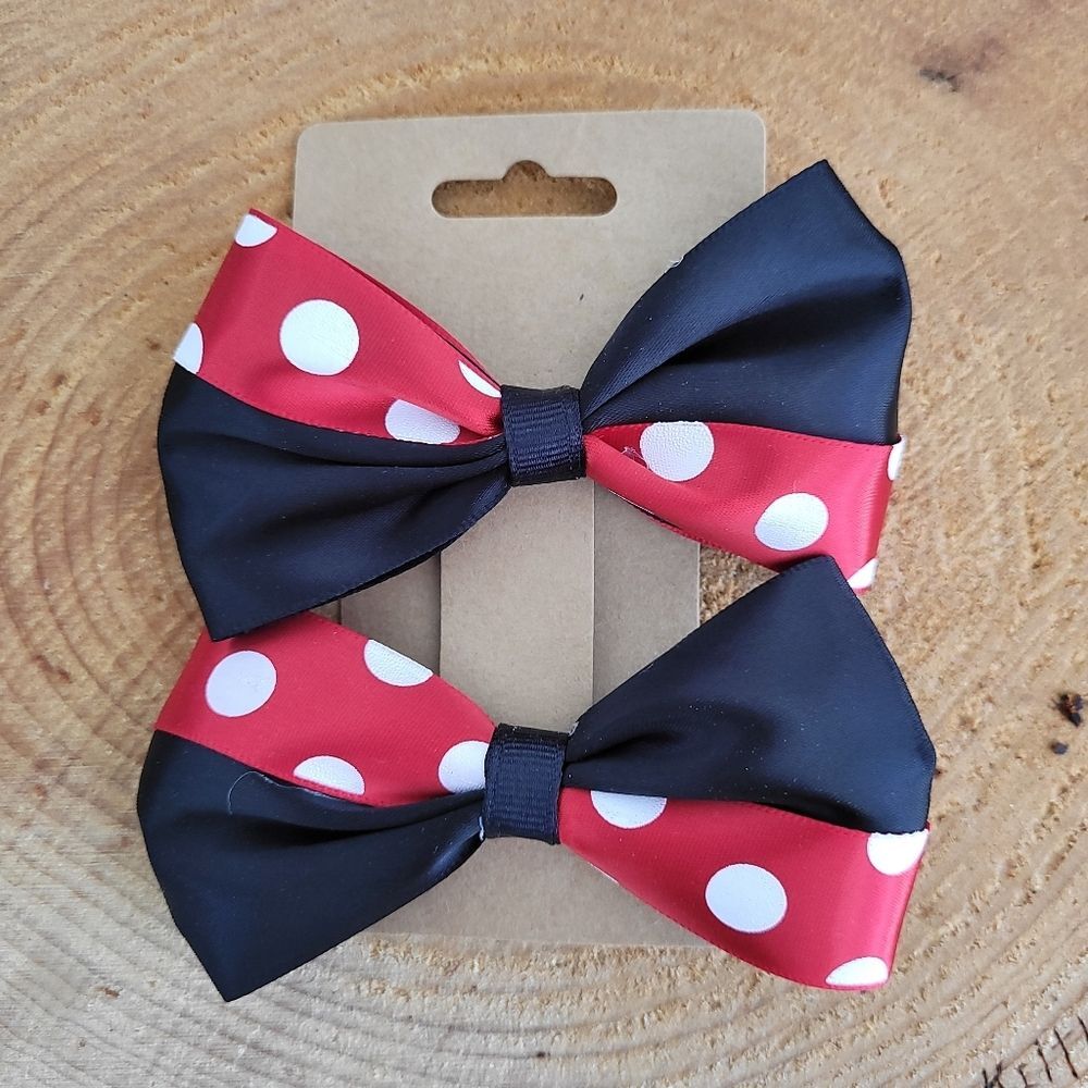 Handmade Red Black Polka Dot Bow Hair Clips 2 Pack Bundle